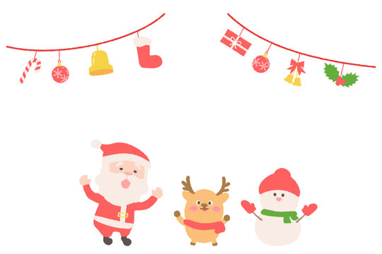 サンタ、トナカイ、雪だるまとクリスマスガーランドのイラスト