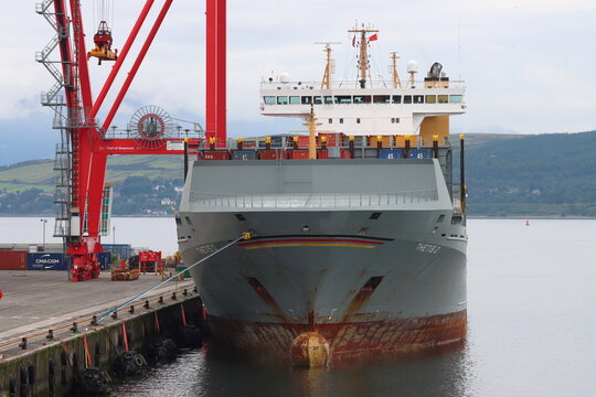 Thetis D (IMO 9372274, MMSI 209543000), a container ship built in 2009, moored in the Port of Greenock, Scotland
