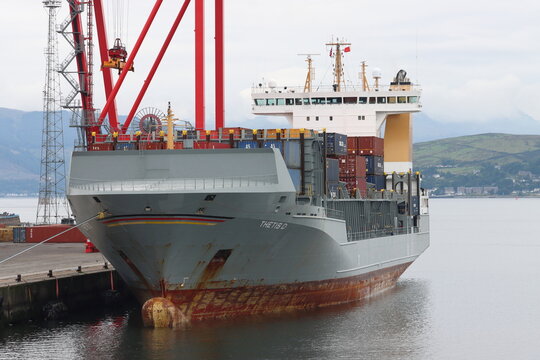 Thetis D (IMO 9372274, MMSI 209543000), a container ship built in 2009, moored in the Port of Greenock, Scotland