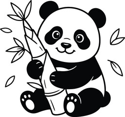 Cute panda bear holding bamboo stalk, black and white cartoon panda illustration, adorable baby panda bear vector art for kids coloring book © MST Mahmuda