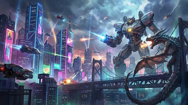 Epic battle between a giant robot and a fire-breathing dragon in a futuristic cyberpunk city.