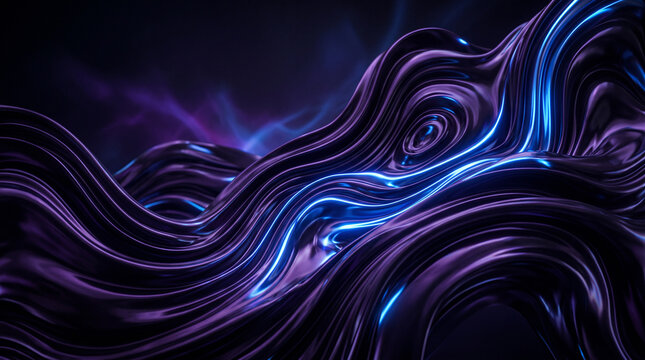 Abstract dark background with organic flowing liquid waves in purple and blue neon, creating a futuristic and dynamic pattern with bright highlights.
