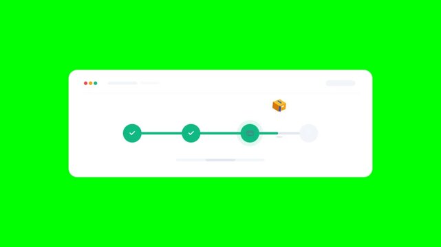 Animated step by step process progress bar with shipping box icon on green background