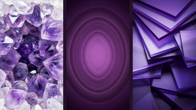 Deep purple amethyst crystals and geometric glass layers in a three panel dark composition