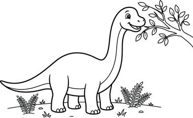 Cute brachiosaurus dinosaur coloring page, friendly long neck dinosaur eating leaves from a tree, prehistoric animal outline vector illustration © MST Mahmuda