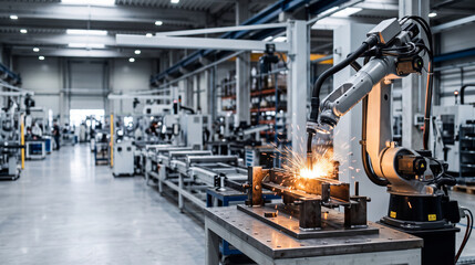 Fototapeta premium Robotic arm working on a factory assembly line in smoky atmosphere