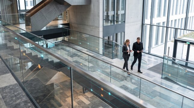 Business colleagues crossing corporate atrium