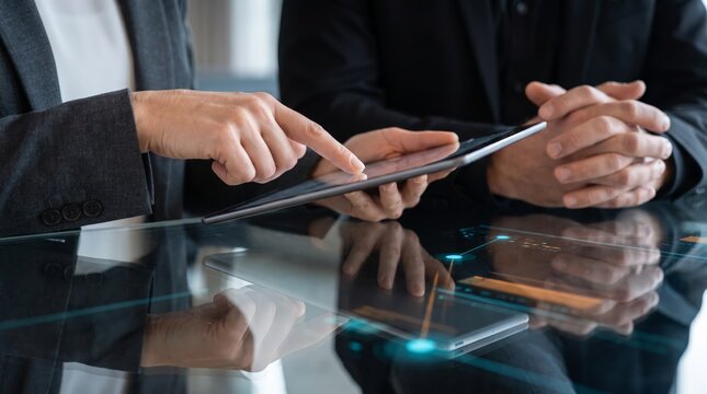 Hands reviewing business tablet