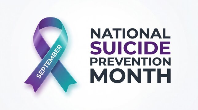 A teal and purple ribbon symbol for national suicide prevention month awareness on white background with text september featured featured next words