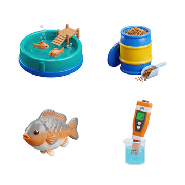 Aquarium set with swimming fish and water testing equipment in colorful 3d icons for aquatic maintenance.