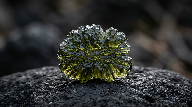Genuine green moldavite tektite gemstone placed on a dark volcanic stone surface