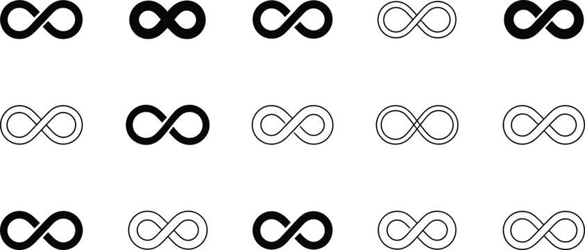 A grid of multiple infinity symbols in various styles, including solid black, outlined, and double-lined versions, arranged in rows on a white background