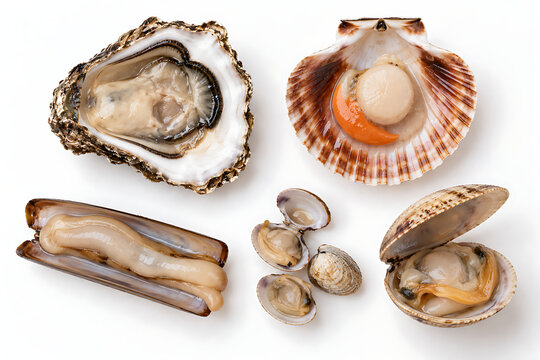 Assorted Fresh Shellfish and Bivalve Mollusks Isolated on White