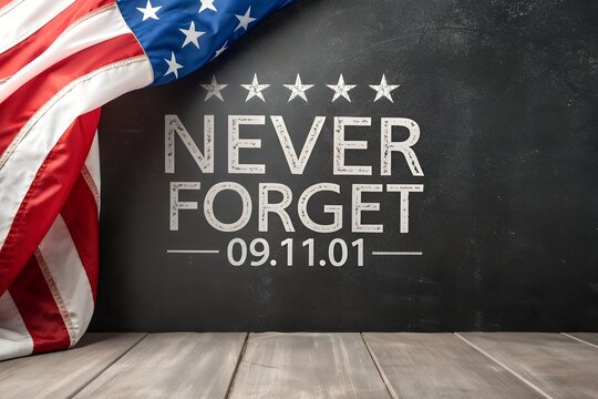 Never Forget 9/11 Chalkboard Memorial, Patriot Day American Flag Remembrance Sign, 09.11.01 Never Forget Tribute Board, Solemn 9/11 Flag and Chalk Art, Never Forget September 11 Memorial Display