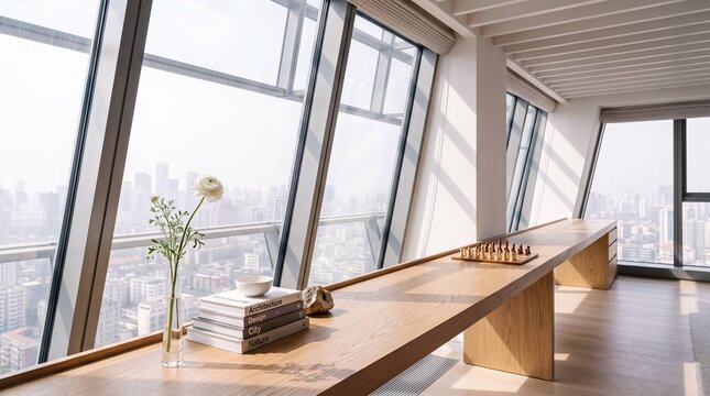 Minimalist wooden window seat with books flower and chess set overlooking city skyline