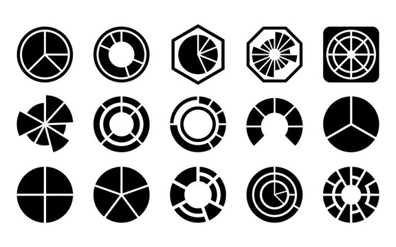 Set of fifteen different black and white circular pie charts and data visualization infographic design elements
