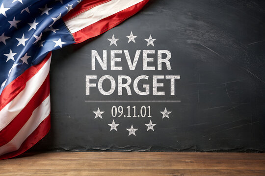 Never Forget 9/11 Chalkboard Memorial, Patriot Day American Flag Remembrance Sign, 09.11.01 Never Forget Tribute Board, Solemn 9/11 Flag and Chalk Art, Never Forget September 11 Memorial Display