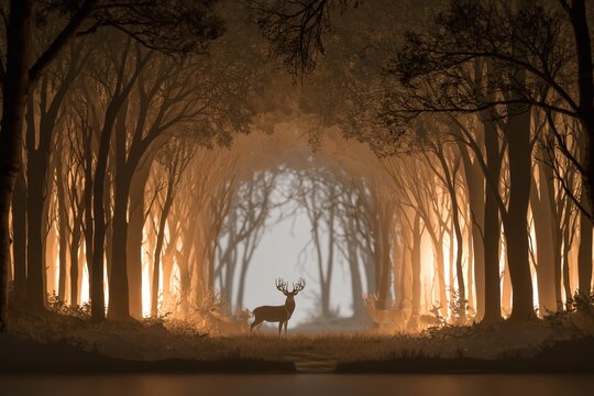 Herd of deer in a magical forest with warm light