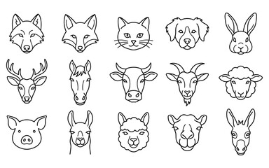 Fototapeta premium Set of hand drawn animal head icons featuring various wild and domestic species in a minimalist sketch style