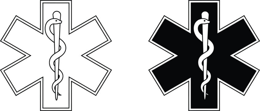 Two versions of the star of life medical symbol featuring a six-pointed star and a serpent coiled around a staff, in black and white, isolated on a white background