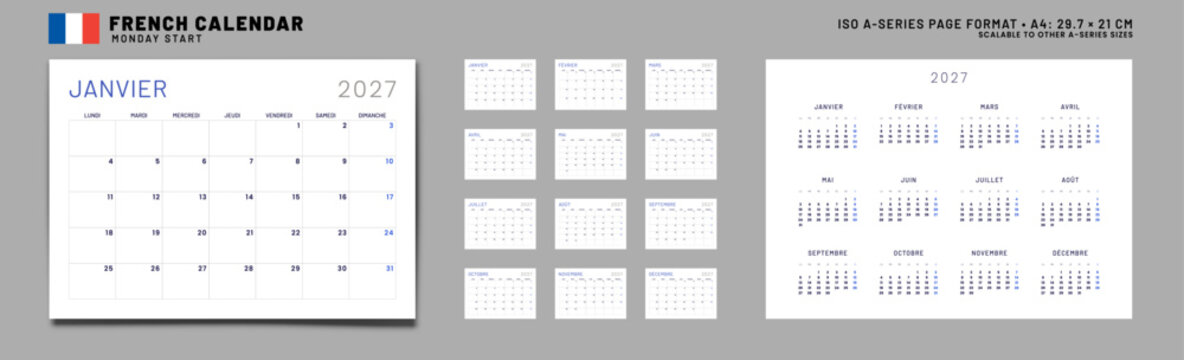 2027 French Calendar Planner Set Template 12 Monthly Pages, Annual Overview. Vector grid wall, desk calendar, French language, Monday start, corporate planning. A4 landscape editable, ready print.