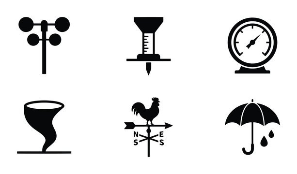 Weather Icons Set: Anemometer, Rain Gauge, Barometer, Tornado, Weathervane, Umbrella