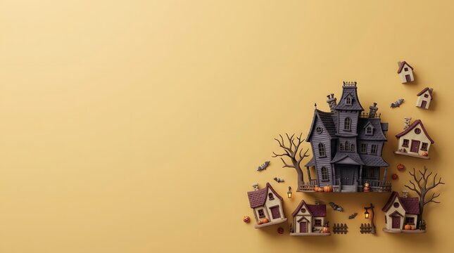 Miniature haunted house and spooky village decorations arranged on a plain yellow background for halloween celebration