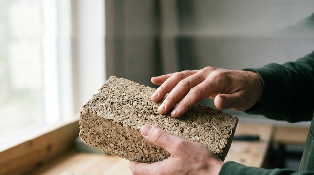 Hands touching textured surface of natural eco brick material