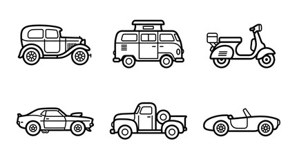 Fototapeta premium Vintage transport icon set features classic cars, camper van, scooter, and pickup truck in minimalist line art style.