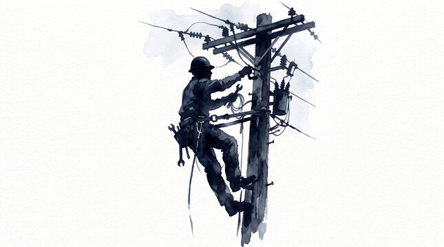 Watercolor silhouette of electrical line worker climbing high voltage power pole, electrician repairing energy grid infrastructure isolated on white background