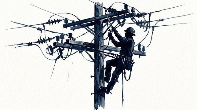 Watercolor silhouette of electrical line worker climbing high voltage power pole, electrician repairing energy grid infrastructure isolated on white background