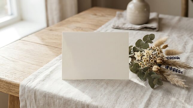 Blank white card mockup on wooden table with dried flowers