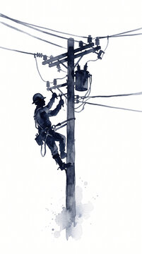 Watercolor silhouette of electrical line worker climbing high voltage power pole, electrician repairing energy grid infrastructure isolated on white background
