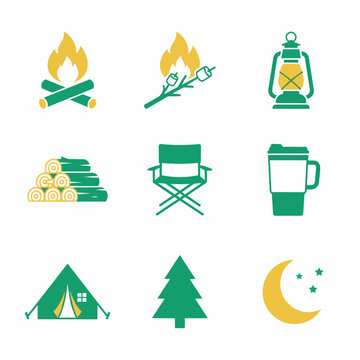 Camping icons set for outdoor adventures