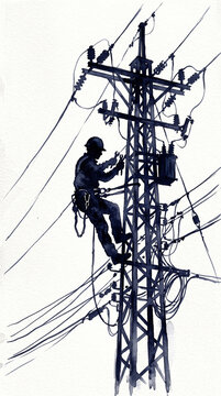 Watercolor silhouette of electrical line worker climbing high voltage power pole, electrician repairing energy grid infrastructure isolated on white background