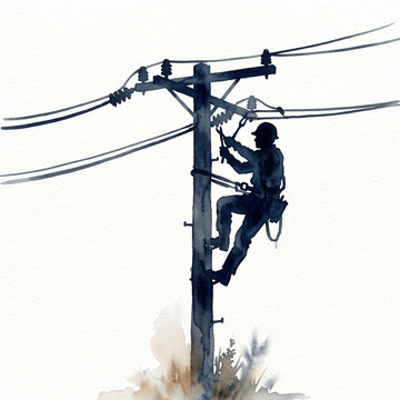 Watercolor silhouette of electrical line worker climbing high voltage power pole, electrician repairing energy grid infrastructure isolated on white background