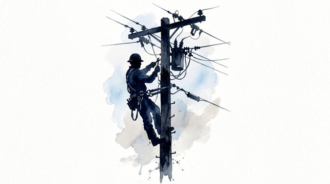 Watercolor silhouette of electrical line worker climbing high voltage power pole, electrician repairing energy grid infrastructure isolated on white background