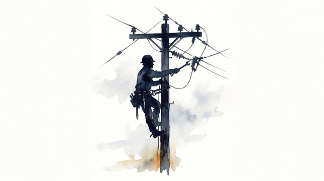 Watercolor silhouette of electrical line worker climbing high voltage power pole, electrician repairing energy grid infrastructure isolated on white background