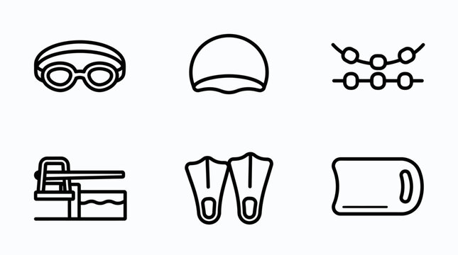 Swimming equipment icon set displays goggles, swim cap, pool lane, diving board, flippers, and kickboard.