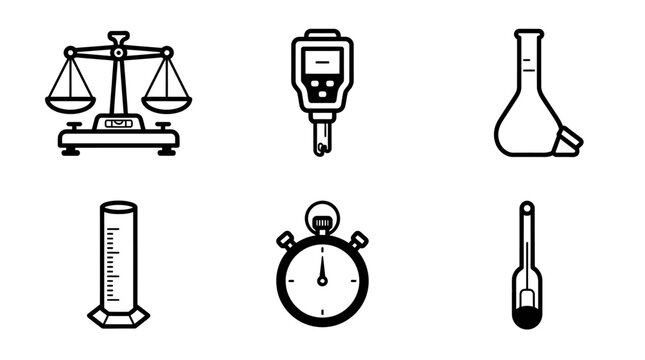 Laboratory measurement instruments line icon set displays balance scale, digital tester, flask, measuring cylinder, stopwatch, and hydrometer.