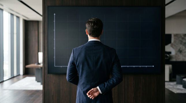 Businessman in suit looking at a digital graph on a large screen in a modern office