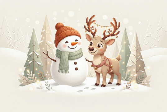 ilustracion navide&ntilde;a de dibujos animados, con mu&ntilde;eco de nieve y reno en bosque nevado