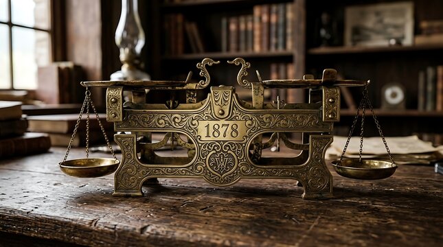 Antique ornate brass balance scale on a vintage wooden desk