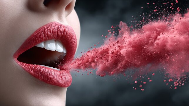 Woman exhales pink powder creating a striking visual effect