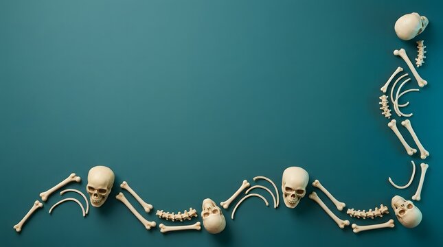 Human skulls and bones arranged in a creative border pattern on a dark blue background