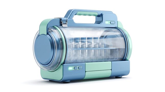 Smart Portable Cryo Transportation Container Box With Medical Sample Vials Inside Misty Glass Chamber, Symbol Of Biological Sample Logistics Temperature Controlled Storage Organ Preservation And Medic