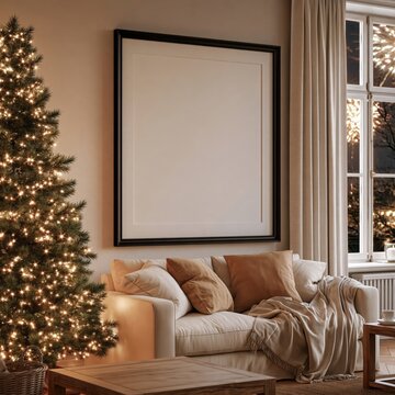 wall mounted picture frame mock-up in a livingroom, new year themed, fireworks can be seen through a window