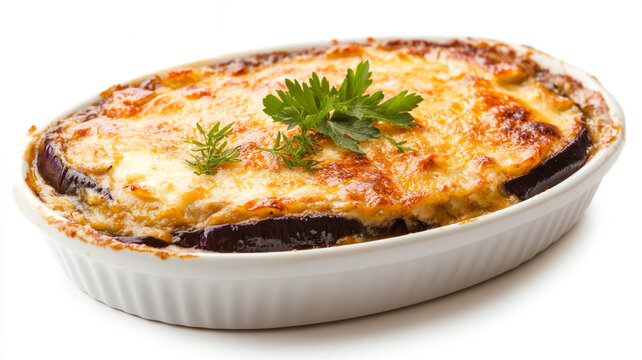 Traditional vegetarian moussaka with eggplant and bechamel sauce for healthy Greek lifestyle dining concepts