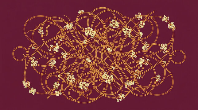 Golden tangled floral vines with delicate blossoms forming a complex decorative pattern on dark red background