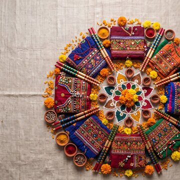 Overhead Navratri garba setup with colorful chaniya choli fabrics, dandiya sticks and circular rangoli for social media campaign artwork